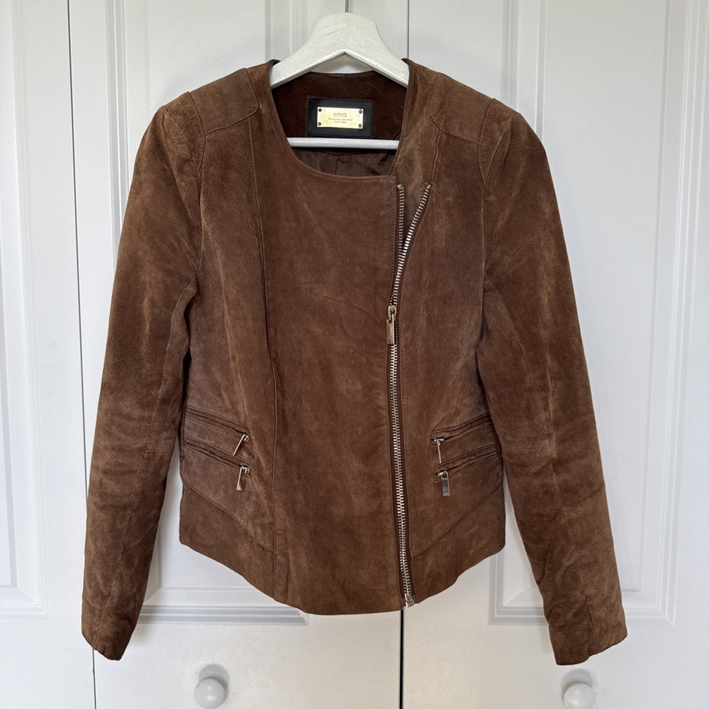 MNG Mango Genuine Leather Brown Suede Jacket Moto Luxury